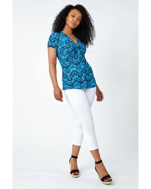 Roman Petite Aztec Knot Detail V-Neck Stretch Top - Blue