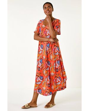 Roman Paisley Print Midi T-Shirt Dress - Red