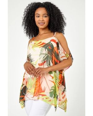 Roman Petite Tropical Cold Shoulder Overlay Top - Multicolour