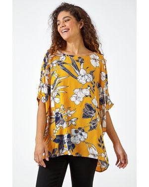 Roman Floral Print Button Back Top - Yellow