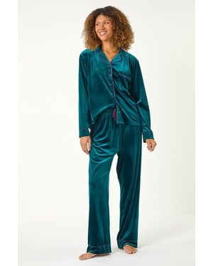 Roman Velvet Revere & Collar Pyjama Set - Blue