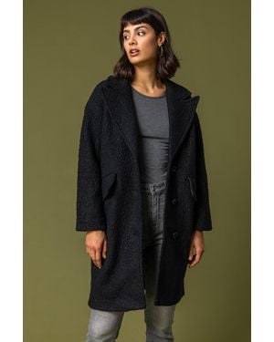 Roman Single Breasted Longline Textured Coat - Black
