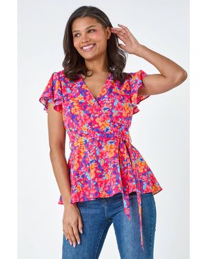Lilly-and-Hope Floral Print V-Neck Frill Detail Top - Red
