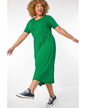 Roman Curve Gathered Skirt Midi Stretch Dress - Green