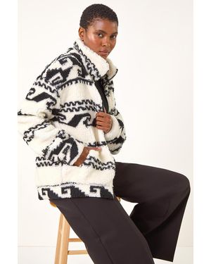 Roman Aztec Printed Fleece Jacket - White