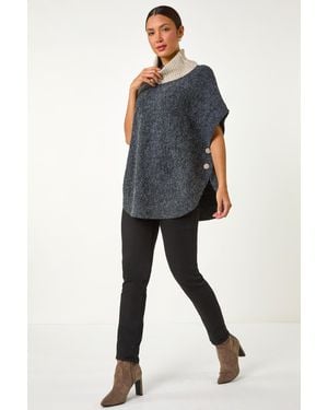 Roman Contrast Roll Neck Button Knit Poncho - Blue