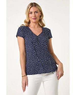 Roman Petite Spot Print Crinkle V-Neck Top - Blue