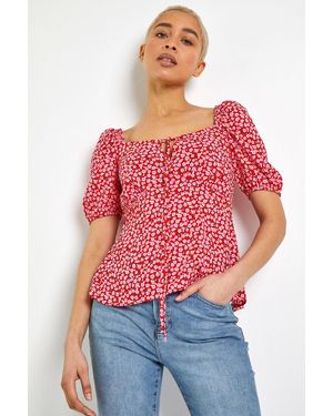 D.u.s.k Ditsy Floral Tie Neck Peplum Top - Red
