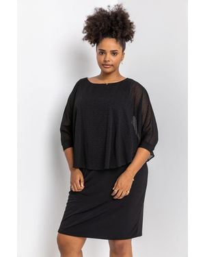 Roman Curve Flock Spot Chiffon Overlay Dress - Black