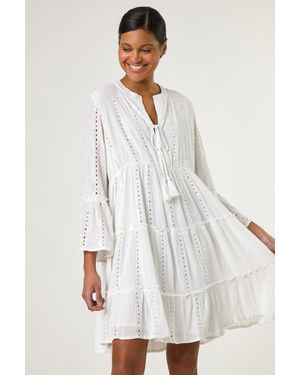 Roman Shimmer Tie Detail Smock Dress - White