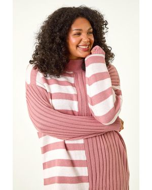 Roman Curve Contrast Stripe High Neck Jumper - Pink
