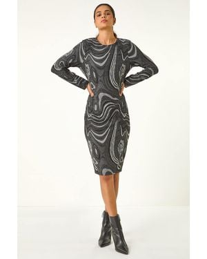 Roman Textured Swirl Pattern Stretch Midi Dress - Black