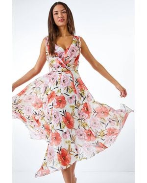 Roman Floral Chiffon Hanky Hem Asymmetric Dress - Orange