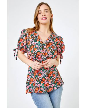 Roman Petite Floral Print V Neck Top - Red