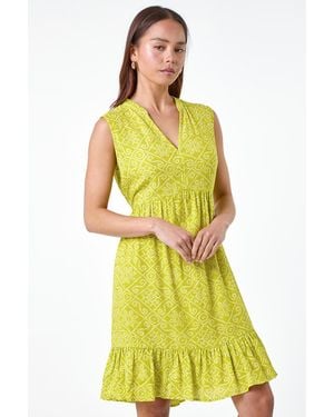 Roman Petite Aztec Print Tiered Tunic Dress - Yellow