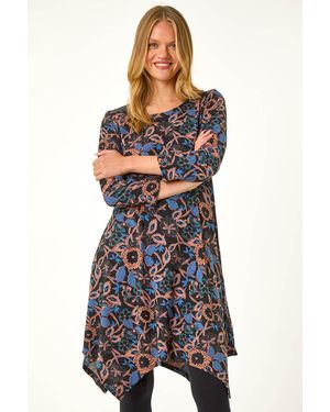 Roman Floral Print Hanky Hem Stretch Dress - Blue