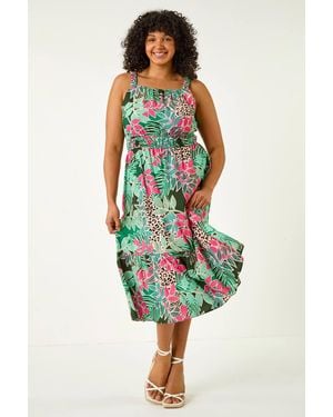 Roman Curve Animal Floral Square Neck Midi Dress - Green