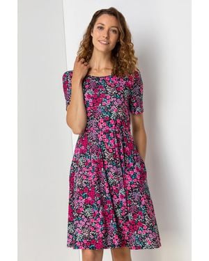 Roman Floral Print Belted Skater Dress - Purple