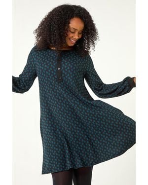 Roman Petite Geometric Button A-Line Dress - Blue