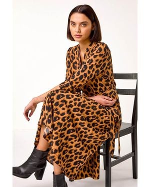 Roman Animal Print Stretch Midi Shirt Dress - Brown