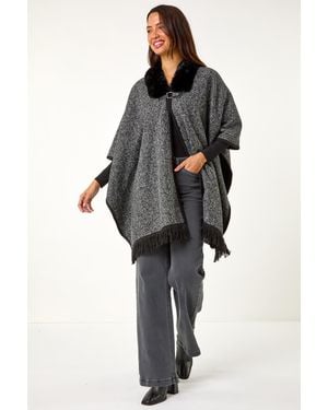Roman Faux Fur Fringe Hem Poncho - Black