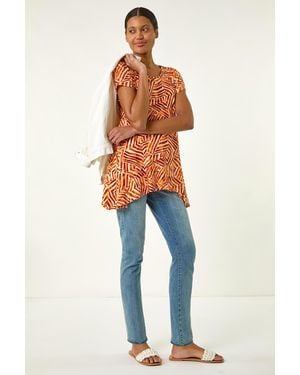 Roman Abstract Print Hanky Hem Tunic Top - Blue