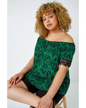 Roman Curve Lace Trim Bardot Stretch Top - Green