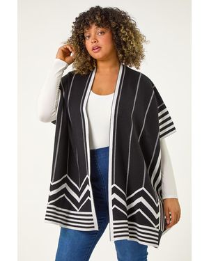 Roman Curve Stripe Hem Square Poncho - Black