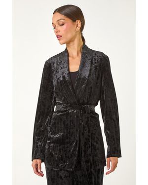 Roman Striped Velvet Belted Blazer - Black