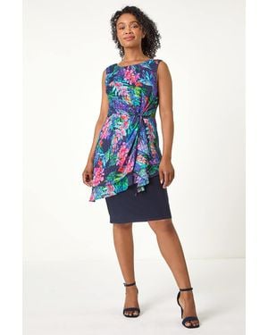 Roman Petite Tropical Asymmetric Frill Dress - Blue