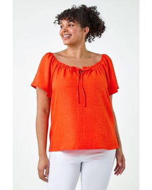 Roman Curve Tie Detail Linen Look Bardot Top - Red
