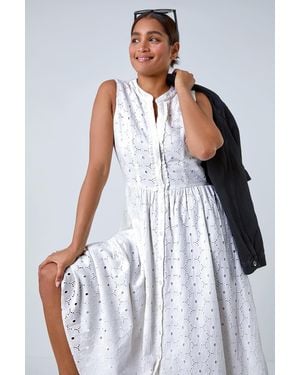 Roman Floral Cotton Broderie Midi Dress - White