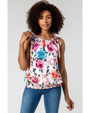 Roman Bow Detail Floral Shirred Chiffon Top - Pink