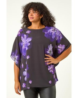 Roman Curve Floral Overlay Top - Purple