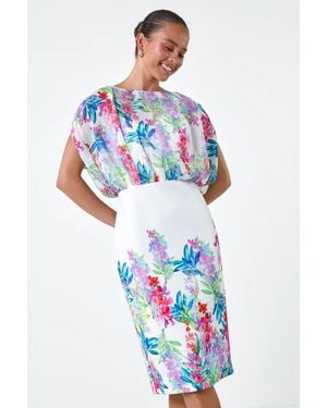 Roman Petite Floral Chiffon Blouson Overlay Dress - White