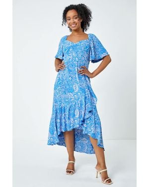 Roman Petite Floral Print Ruched Midi Dress - Blue