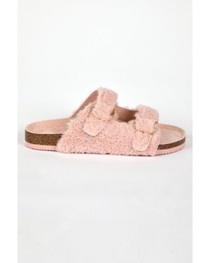 Roman Faux Fur Double Buckle Slipper - Pink