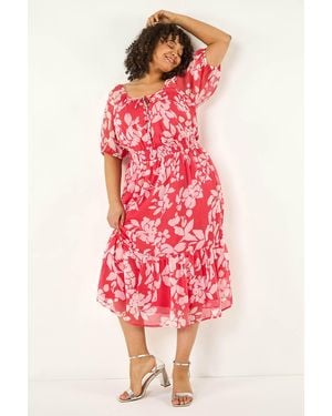Roman Curve Tropical Print Tie Neck Midi Dress - Red