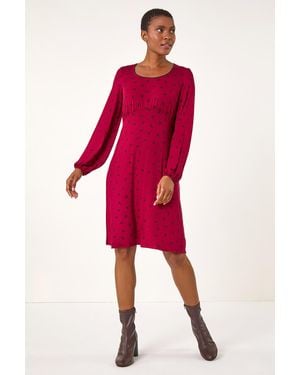 Roman Bow Print Lace Detail Stretch Dress - Red