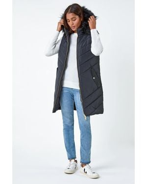 Roman Quilted Faux Fur Hood Longline Gilet - Grey