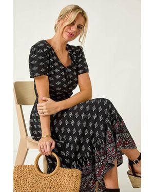 Roman Petite Geo Print Border Midi Dress - Black
