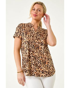 Roman Petite Floral Print V-Neck Stretch Top - Brown