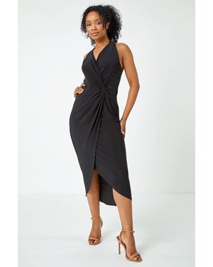Roman Petite Halter Neck Twist Wrap Dress - Black