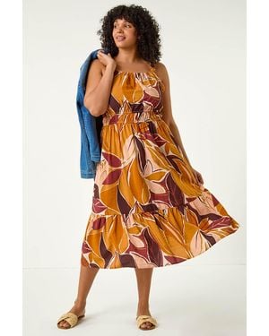 Roman Curve Floral Square Neck Midi Dress - Orange