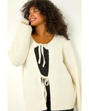 Roman Curve Bow Detail Knit Cardigan - Natural