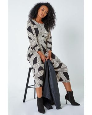 Roman Petite Linear Print Midi Stretch Dress - Grey