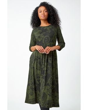 Roman Petite Paisley Ruched Stretch Midi Dress - Green