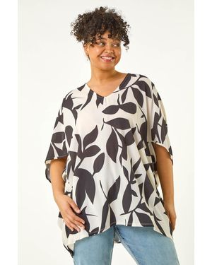 Roman Curve Leaf Print Cocoon Top - White