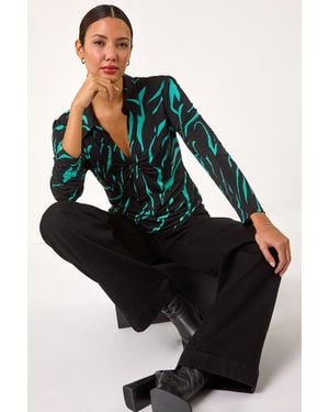 Roman Abstract Linear Print Stretch Blouse - Black