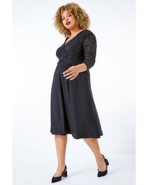 Roman Curve Sequin Lace Wrap Dress - Blue